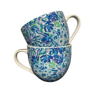 Lilly Pulitzer Set of 2 Ceramic Mugs Coffee Tea Blue Floral 12 oz